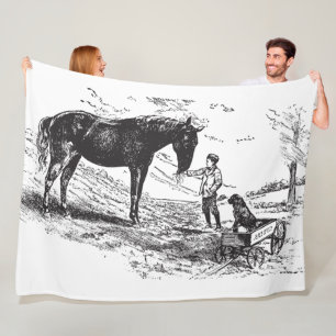 Vintage-Jungen-Pferd-Hund-Gravur-Kunst Fleecedecke