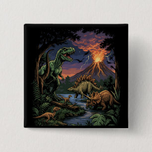 Vintage-Jurazeit-Dinosaurier Rex und Triceratops Button