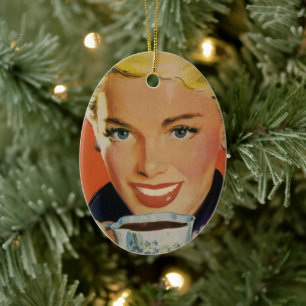 Vintage-Kaffee, glückliche Frau mit retro-Kaffeeta Keramik Ornament