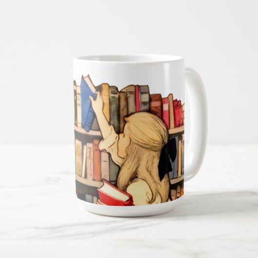 Vintage-Kaffeetasse mit Mädchen an einem Bücherreg Kaffeetasse (VorderseiteRechts)