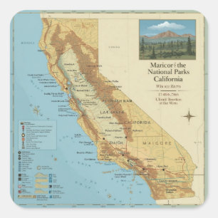Vintage-Kalifornien-Nationalparks-Kartenkunst Quadratischer Aufkleber