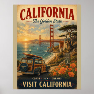 Vintage-Kalifornien-Reiseposter mit Golden Gate Poster