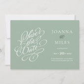 Vintage Kalligrafie-Szage Save the Date grün Einladung (Vorderseite)