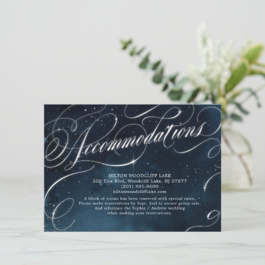 Vintage Kalligraphieunterkunft in Glam navy Begleitkarte (Stehend Vorderseite)