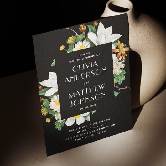 Vintage Kamelie. Blütenblümliche schwarze Hochzeit Einladung