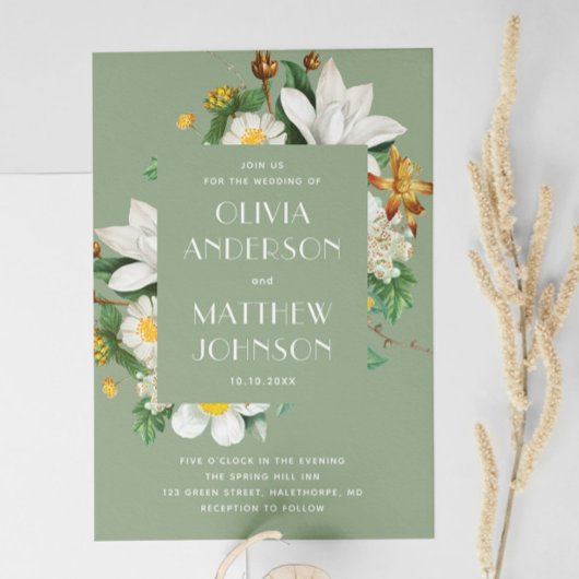 Vintage Kamelie. Grüne Blütenhochzeit QR Einladung