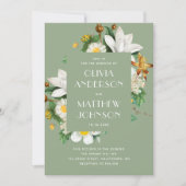 Vintage Kamelie. Grüne Blütenhochzeit QR Einladung (Vorderseite)