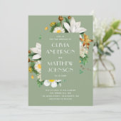 Vintage Kamelie. Grüne Blütenhochzeit QR Einladung (Stehend Vorderseite)