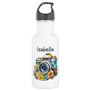 Vintage Kamera mit Hübschen Blume Aquarell Edelstahlflasche