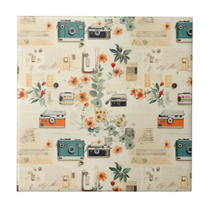 Vintage-Kamera-Radio-Blumen-Teal-Orange-Collage Fliese