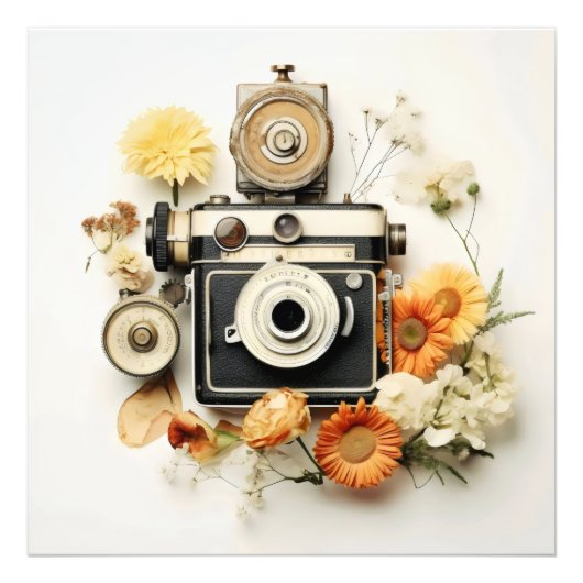 Vintage Kamera und Blume Fotodruck (Vorne)