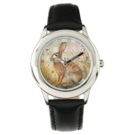 Vintage-Kaninchen Hase, Blumen Garten, Karo-Kunst Armbanduhr