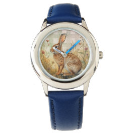 Vintage-Kaninchen Hase, Blumen Garten, Karo-Kunst Armbanduhr