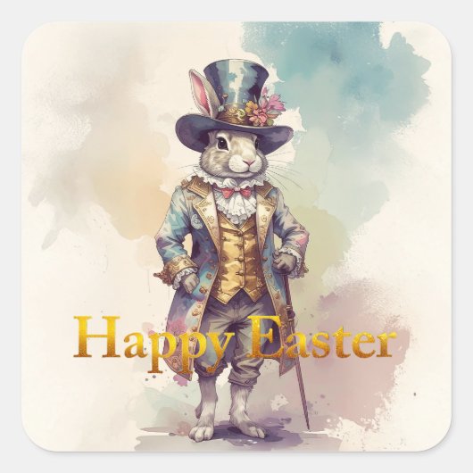 Vintage-Kaninchen-Zylinderhut Frohe Ostern Quadratischer Aufkleber (Vorderseite)