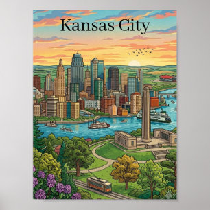 Vintage Kansas City Skyline Reise Kunst Poster