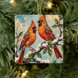 Vintage Kardinalspaar auf schneebedecktem Stechpal Keramikornament