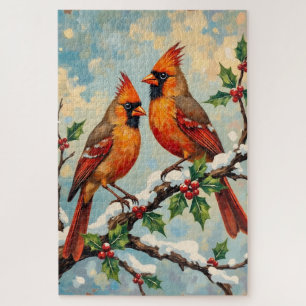Vintage Kardinalspaar auf schneebedeckter Stechpal Puzzle