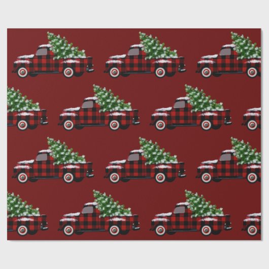 Vintage Karierte LKWs mit Weihnachtsbaumen Geschenkpapier (Flach)