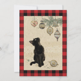 Vintage Karierte Schwarze Katze mit Ornamenten Feiertagskarte
