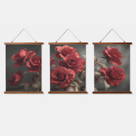 Vintage-Karmesinrosen-Triptychon - Stimmungsgelade Wandteppich Mit Holzrahmen