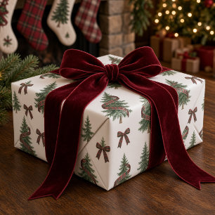 Vintage-Karo-Schleifen-Weihnachtsbaum-Bordeaux-Sch Geschenkpapier