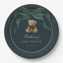 Vintage-Karo-Tartan-Teddybär-grüne Schleife Pappteller