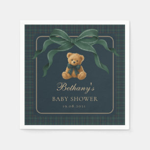 Vintage-Karo-Tartan-Teddybär mit gruner Schleife Serviette