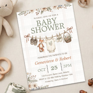 Vintage-Karo-Wald-Fuchs-Wäscheleine-Baby-Shower Einladung