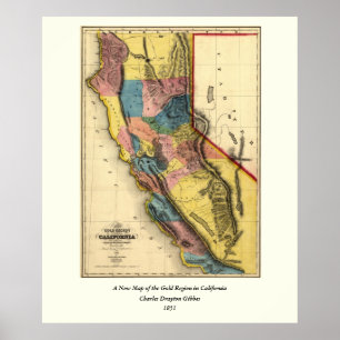 Vintage Karte 1851 California Gold Region Staat Poster
