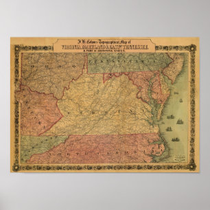 Vintage Karte 1861 von Virginia, von Maryland u. Poster