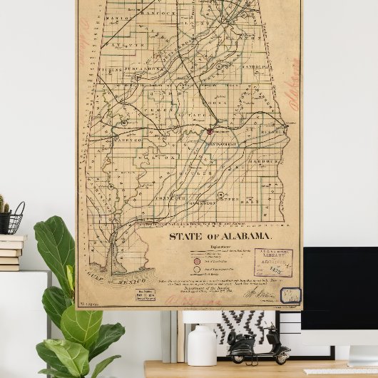 Vintage Karte Alabamas (1866) Poster (Heimbüro)