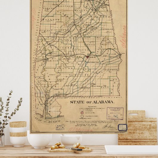 Vintage Karte Alabamas (1866) Poster (Küche)
