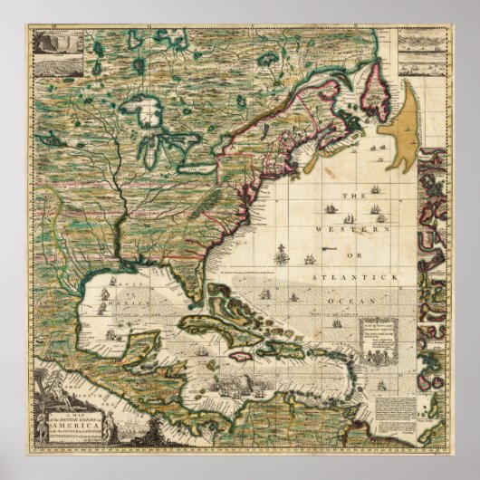 Vintage Karte Amerikas (1733) Poster (Vorne)