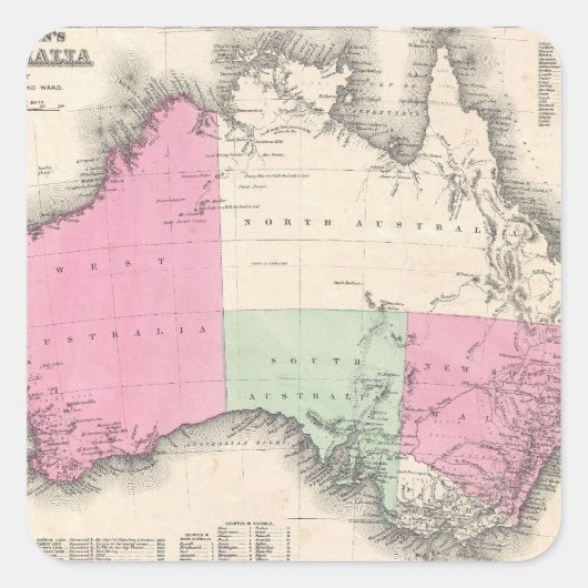 Vintage Karte Australiens (1862) Quadratischer Aufkleber (Vorderseite)