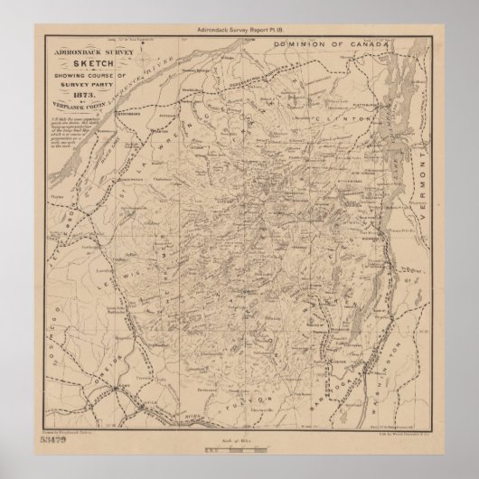 Vintage Karte der Berge von Adirondack (1874) Poster (Vorne)