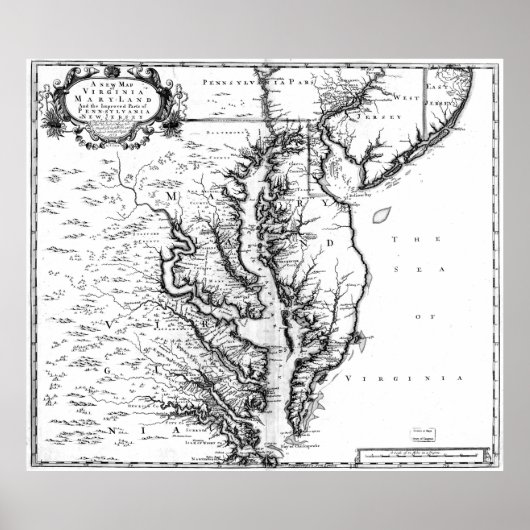 Vintage Karte der Chesapeake Bay (1719) BW Poster (Vorne)