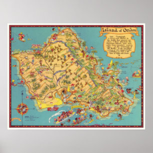 Vintage Karte der Insel Oahu Poster