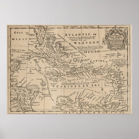 Vintage Karte der Karibik (1763) Poster (Vorne)
