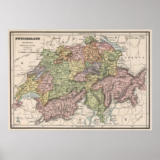 Vintage Karte der Schweiz (1882) Poster (Vorne)