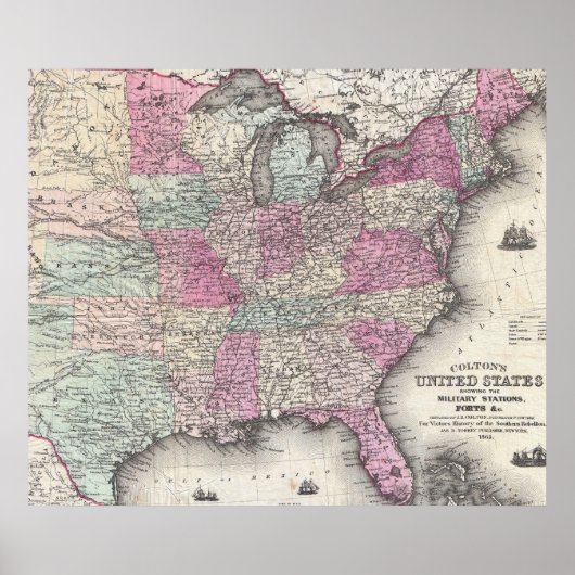 Vintage Karte der Staaten im Osten (1862) Poster (Vorne)