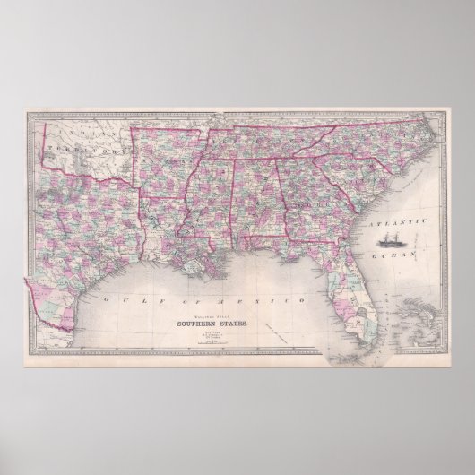 Vintage Karte der Südlichen Staaten (1868) Poster (Vorne)