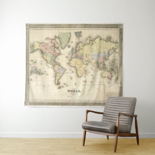 Vintage Karte der Welt (1840) Wandteppich