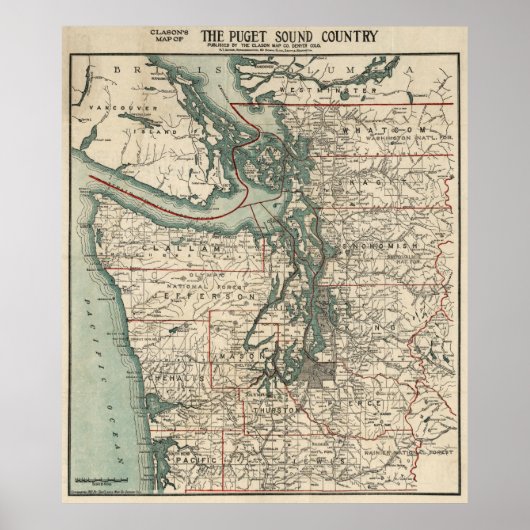 Vintage Karte des Puget Sound (1910) Poster (Vorne)