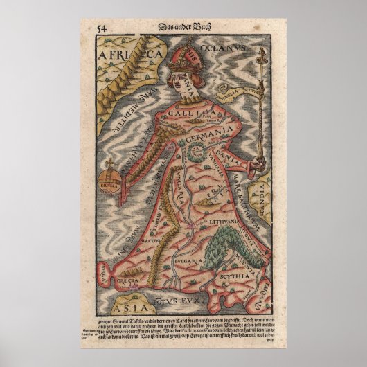 Vintage Karte Europas als Königin (1570) Poster (Vorne)