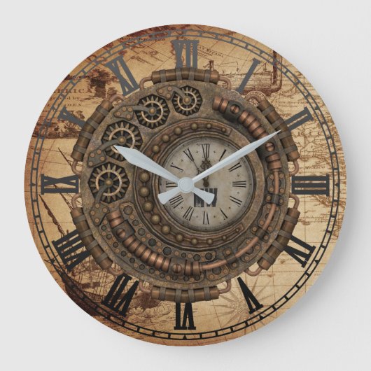 Vintage Karte für Steampunk-Maschinen Große Wanduhr (Vorderseite)