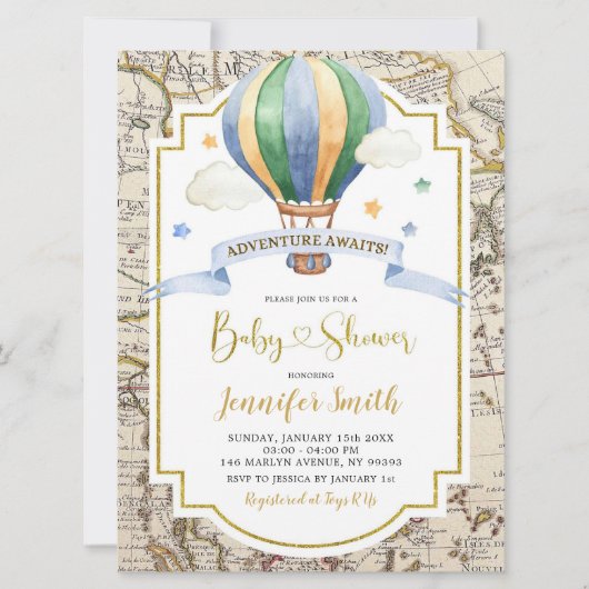 Vintage Karte Heißluftballon Adventure Baby Dusche (Vorderseite)