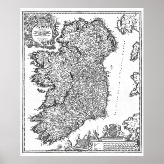 Vintage Karte Irlands (1716) BW Poster (Vorne)