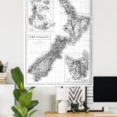 Vintage Karte Neuseelands (1854) BW Poster (Heimbüro)