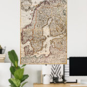 Vintage Karte Norwegens und Schwedens (1717) Poster (Heimbüro)