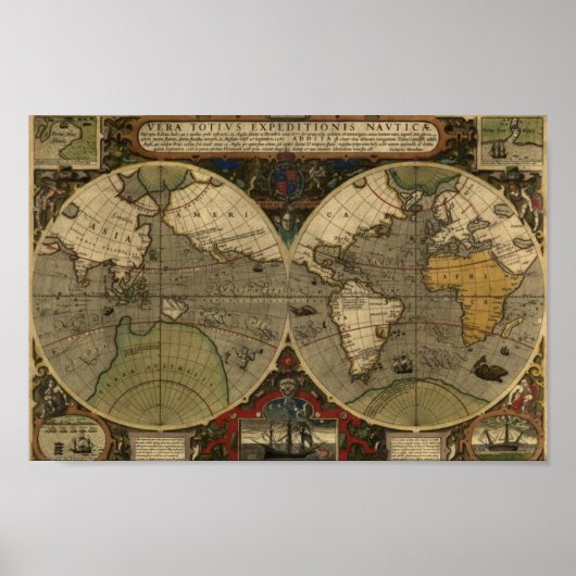Vintage Karte Poster - 1595 Hondius World Map (Vorne)